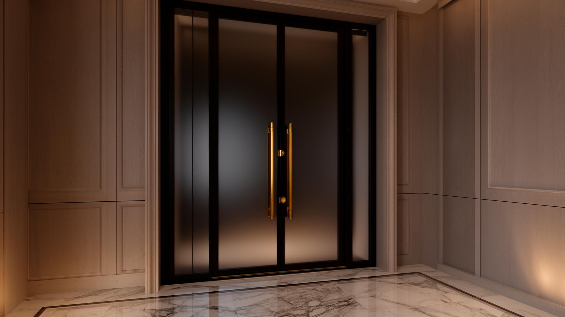 Moderne stalen deur met smoked look glas in luxe interieur